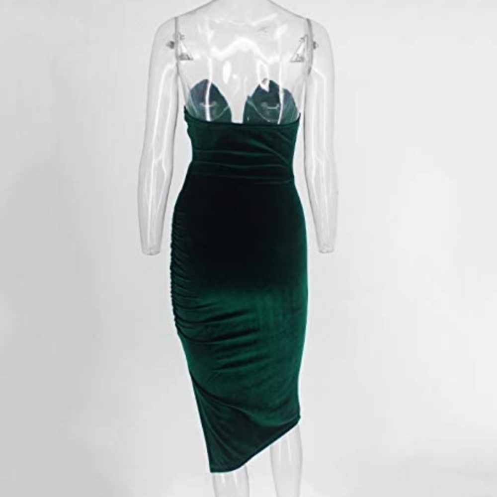 Strapless Ruched Velvet Split Bodycon Midi Dress - Picture 2 of 4